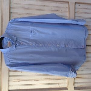 Soobaya, men's Blue with floral print accents Long sleeve button-down shirt XL